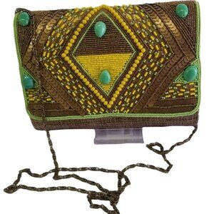 David Jeffrey Brown Weave With Green & Yellow Beads BAG Purse Chain Shoulder Clu